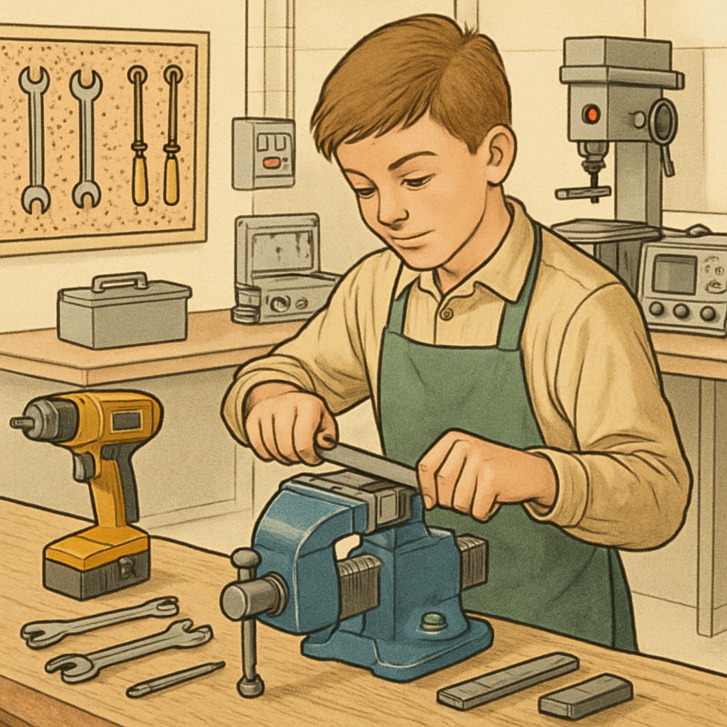 A young apprentice working in a technical workshop, actively using tools and equipment to learn hands-on skills. UK education, school dropout, return to school: Apprentice in a workshop.
