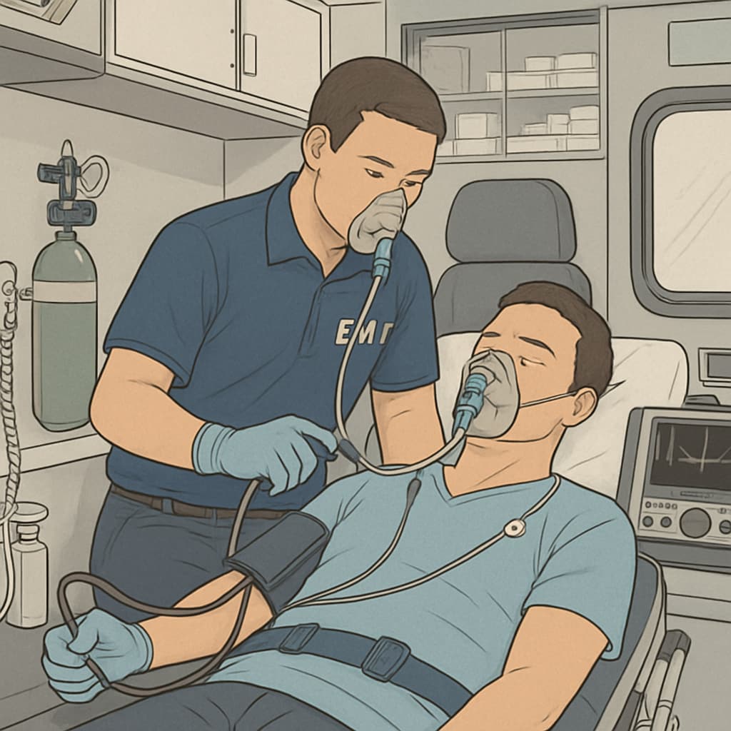 An EMT assisting a patient in an ambulance, showcasing the hands-on skills valuable for nursing school applicants. EMT providing patient care in an ambulance.