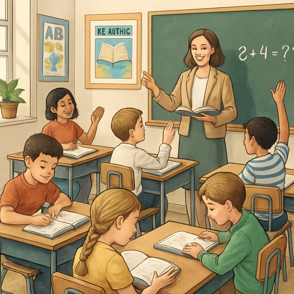 A classroom filled with young students engaged in learning activities, showcasing a vibrant teaching environment. Engaged students in a public school classroom representing quality education.