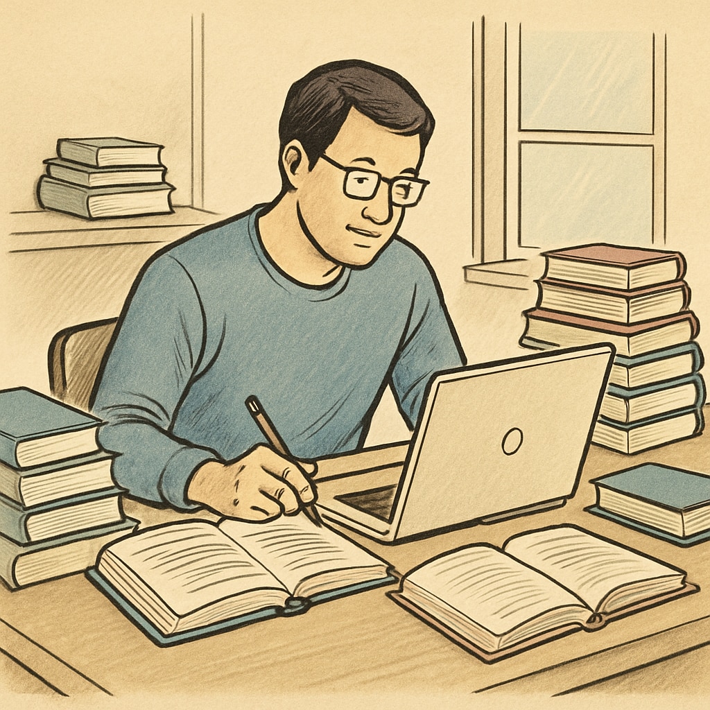 An adult learner studying at home, surrounded by books and using a laptop for coursework, representing flexible education options. UK education, school dropout, return to school: Adult learning online at home.