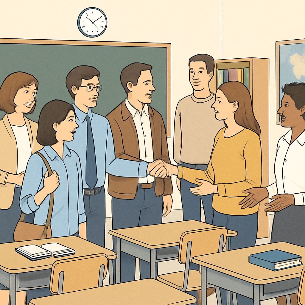 A group of parents touring a school and interacting with teachers, representing active parental involvement in the evaluation process. Parents and teachers collaborating during a school visit for evaluation purposes.