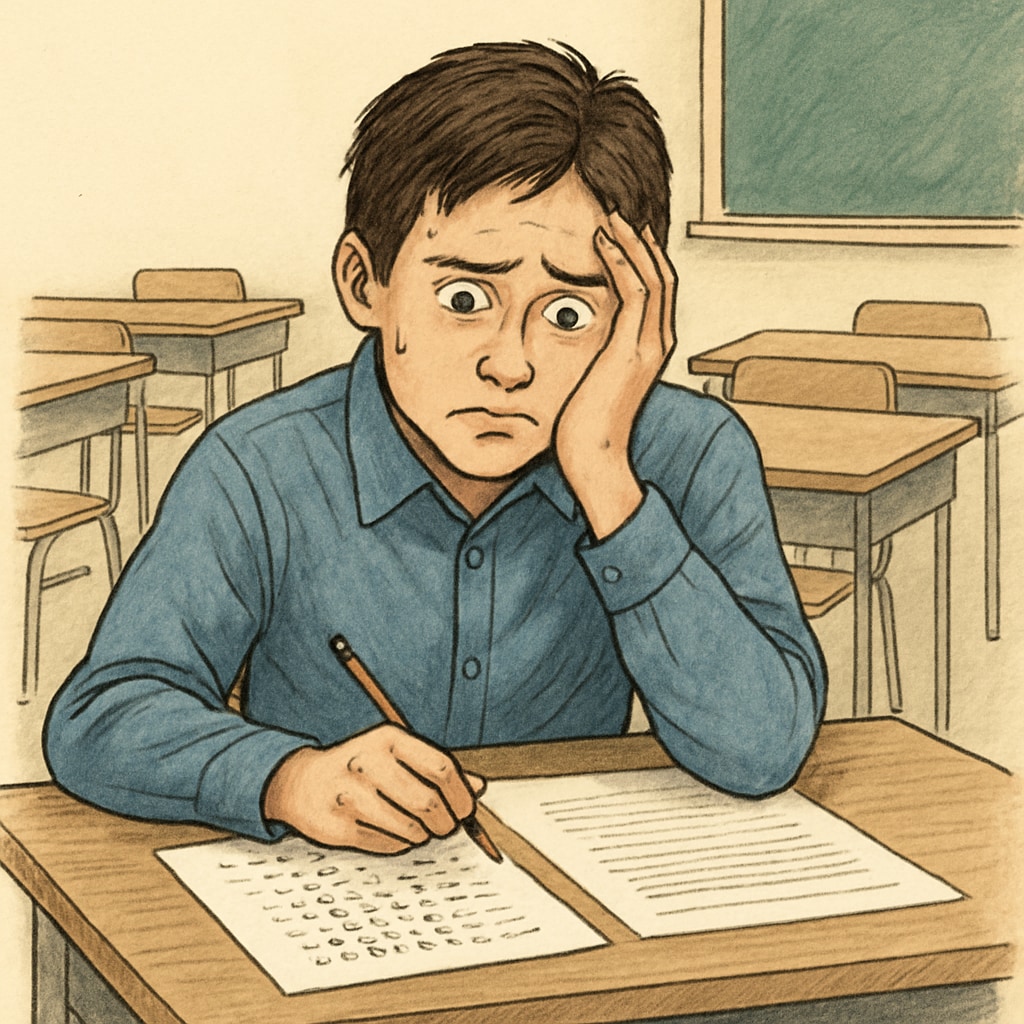 A student sitting at a desk with exam papers, visibly anxious about their results. This image illustrates the emotional impact of academic pressure. An anxious student reviewing their GCSE results