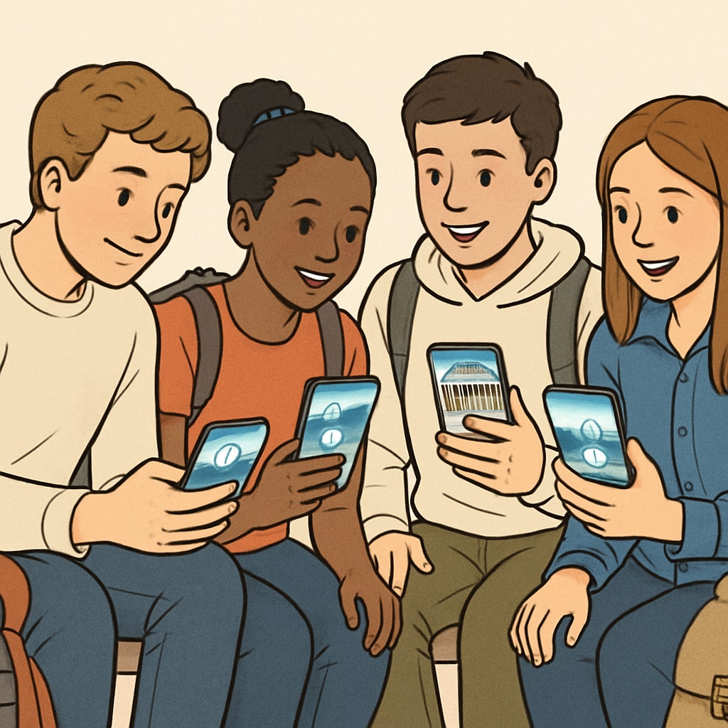 A group of young travelers watching short video clips on their smartphones, showcasing picturesque travel destinations. Travelers consuming short video content related to tourism decisions.