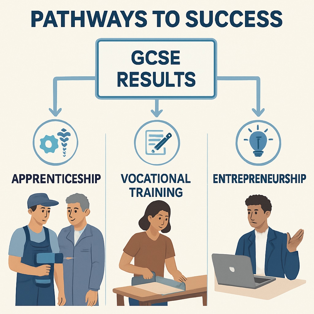 An infographic showcasing alternative pathways to success beyond traditional GCSE results, including apprenticeships, vocational training, and entrepreneurship. Alternative pathways to success beyond GCSE grades