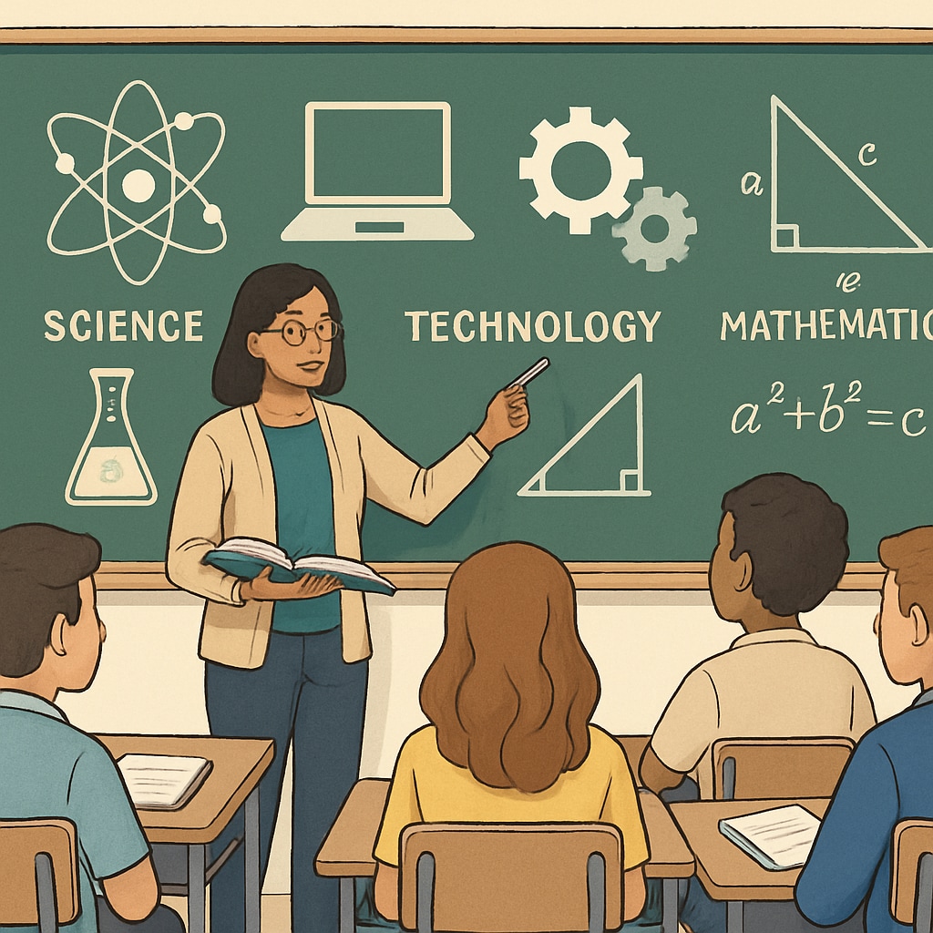 A classroom setting with a teacher explaining scientific concepts to students, emphasizing the interdisciplinary nature of STEM education. Biology to education transition - teacher explaining STEM concepts