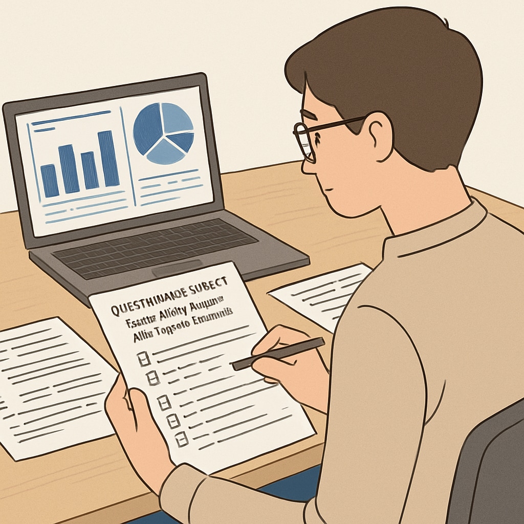 A researcher preparing a questionnaire survey focused on short video content and tourism decisions, with a laptop and data charts visible. Academic researcher working on a questionnaire about tourism and video content.