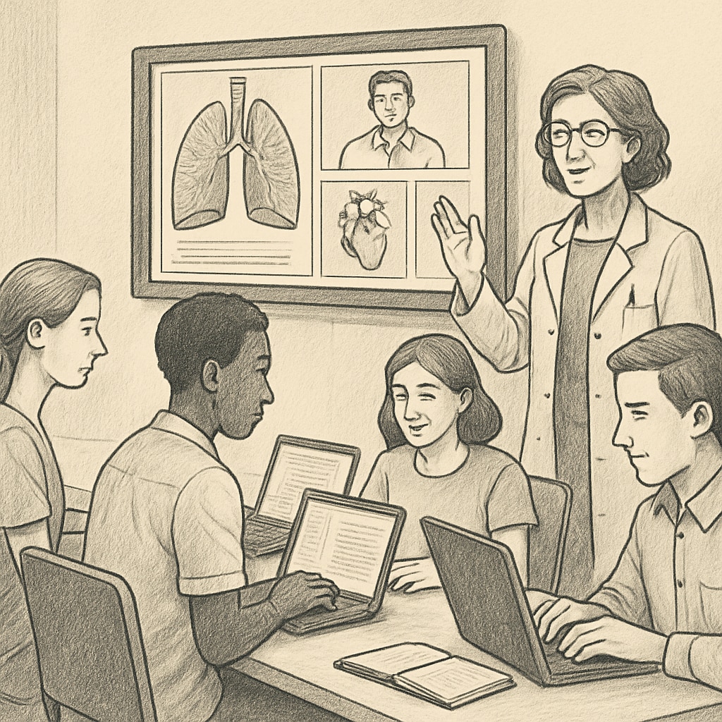 A group of students and a teacher engaging in an online medical education course. The image captures a classroom setting with a focus on collaborative learning. Students and a teacher participating in an online medical education course.