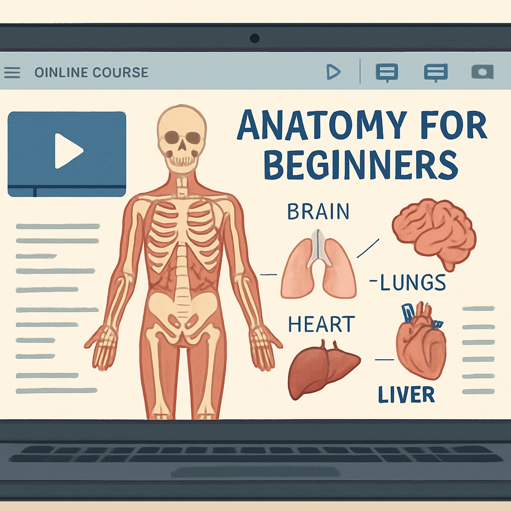 A laptop screen displaying an online course on human anatomy, suitable for beginners. The course interface is user-friendly and engaging. Online course on human anatomy displayed on a laptop screen.