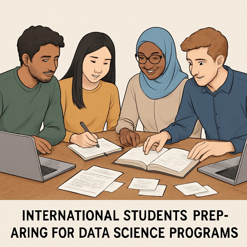 A group of international students studying together with laptops, textbooks, and notes, symbolizing academic preparation for data science programs. International students preparing for data science programs with study materials.