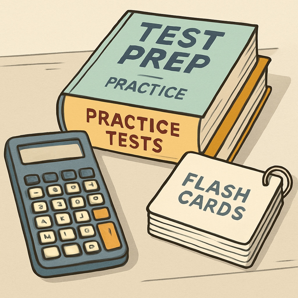 A close-up of standardized test preparation materials, including a calculator, practice books, and flashcards. Standardized test preparation materials for college applications.