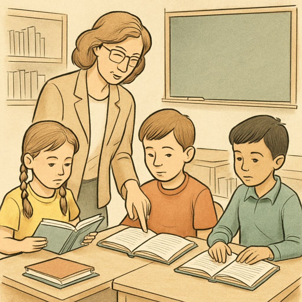 Teacher helping students with reading exercises to match text complexity.
