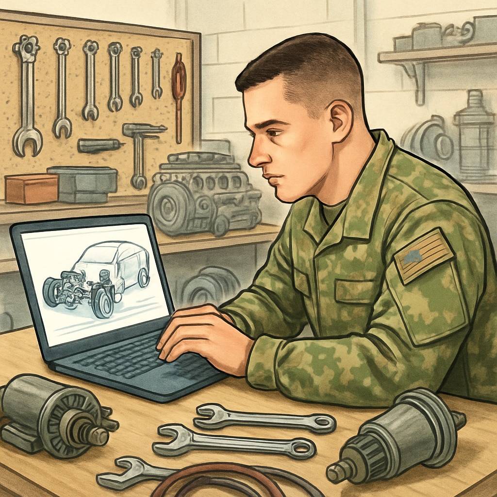 A military professional studying automotive technology on a laptop in a workshop setting. Military professional reviewing automotive coursework on a laptop.