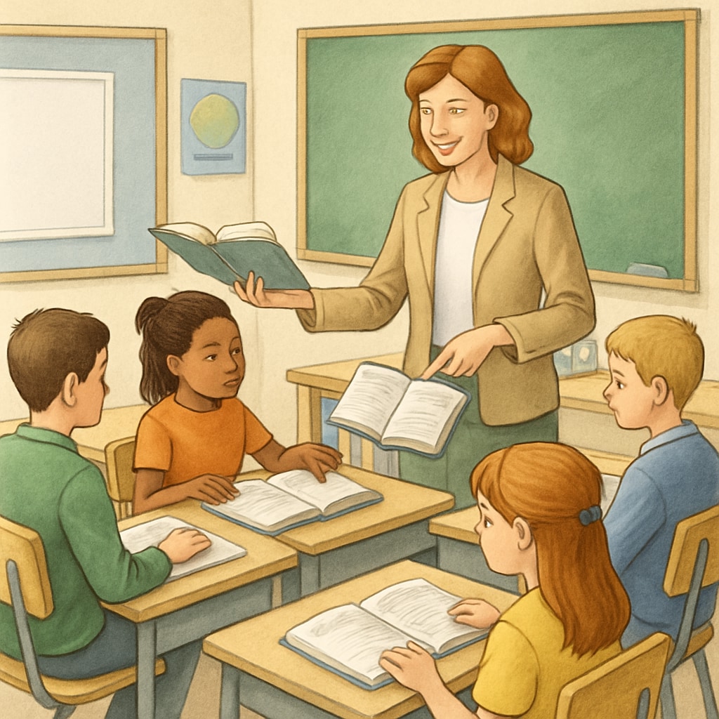 A classroom setting where a teacher is guiding students through a reading activity. Teacher guiding students through a reading activity focused on text complexity.