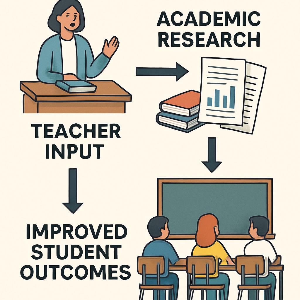 An infographic illustrating the connection between teacher input, research, and improved student outcomes. Infographic showing how teacher participation in research enhances reading comprehension outcomes.