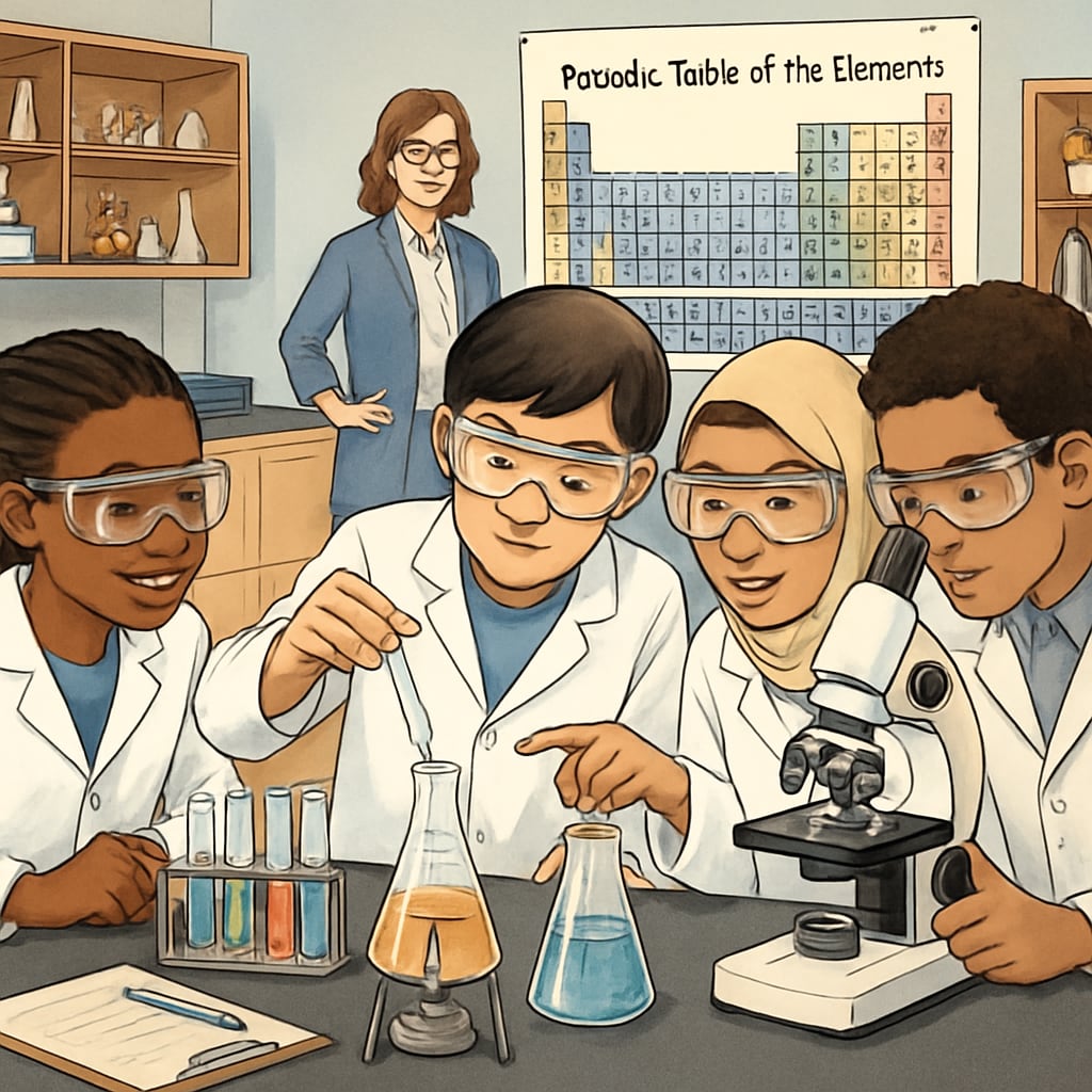 A high school science classroom where students, including multilingual learners, work collaboratively on an experiment. High school science class with multilingual learners working together