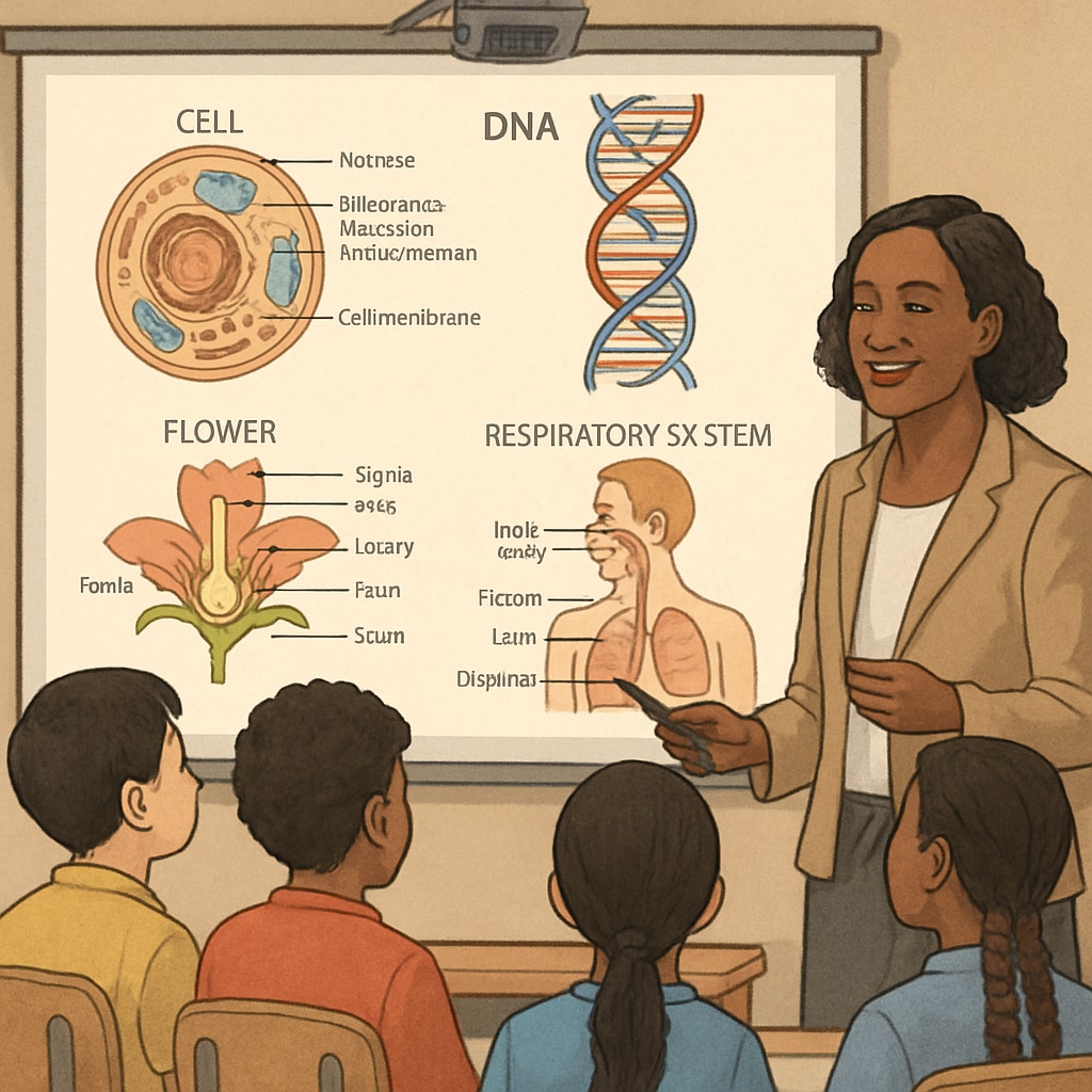 A teacher using a projector to display scientific diagrams, engaging multilingual learners in the lesson. Science teacher with multilingual learners interacting during a lesson