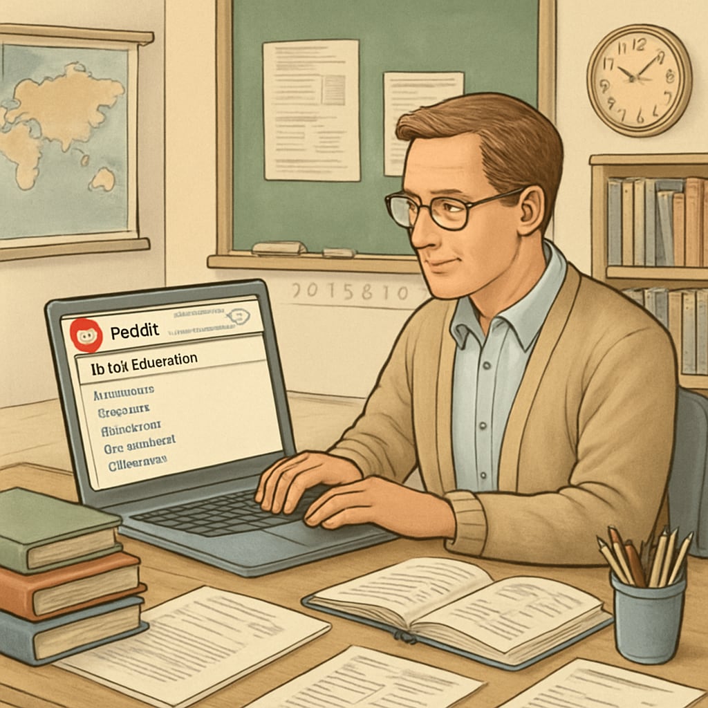 A teacher browsing through Reddit subreddits on a laptop, reviewing educational resources for a K12 classroom. Teacher using Reddit to find K12 educational resources.
