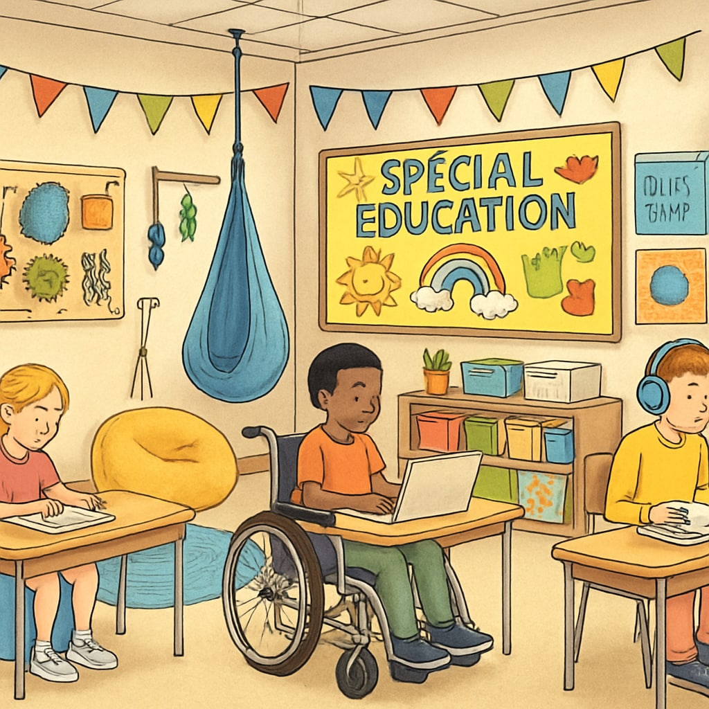 A classroom environment tailored for special education, featuring sensory-friendly decorations and tools. Special education classroom with sensory-friendly decorations for autism support.