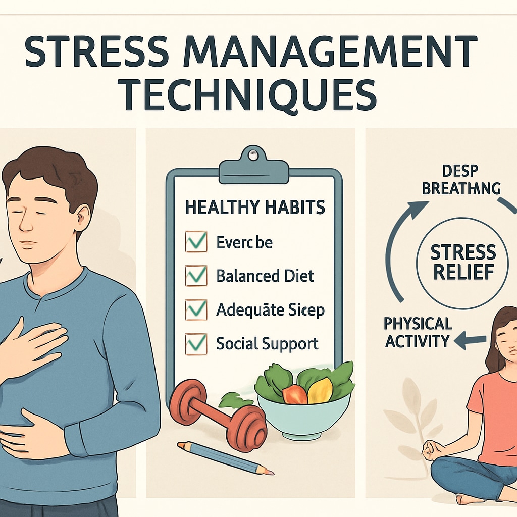 A slide presentation showing stress management techniques targeted at high school students. Stress management techniques slide for high school mental health lecture.