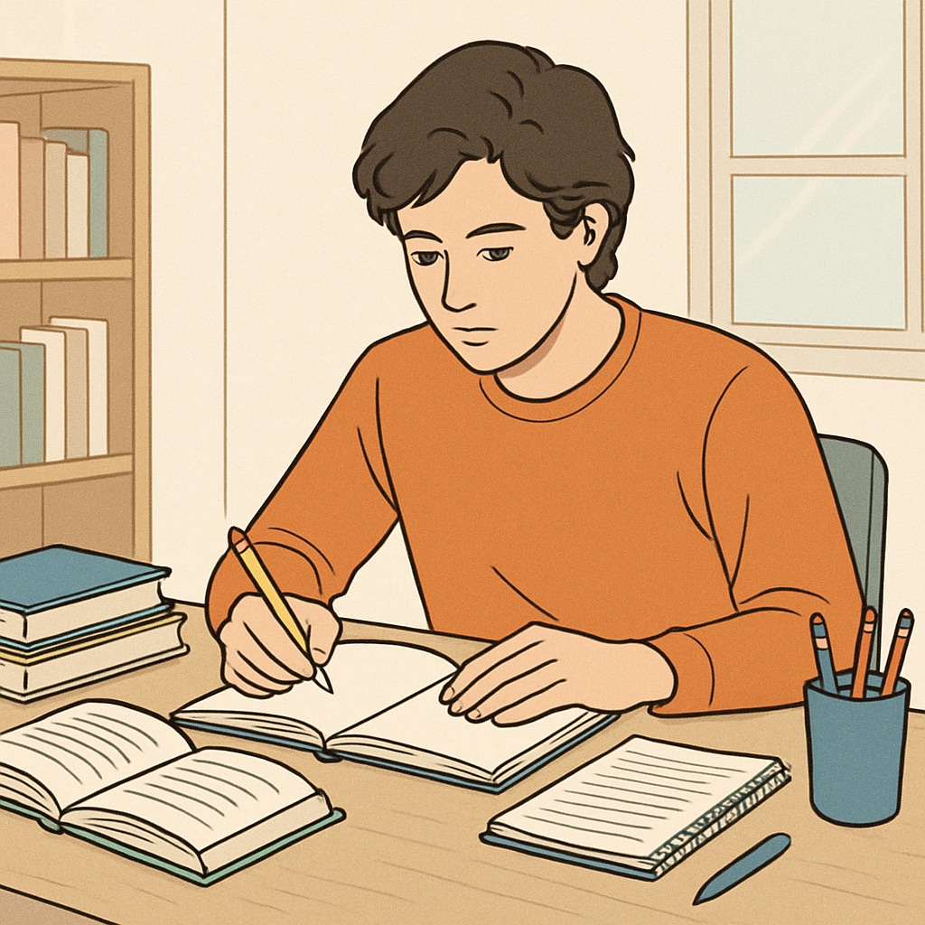 A young adult studying with materials spread across a desk, representing education pathways in the UK.