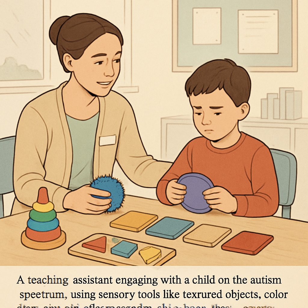 A teaching assistant engaging with a child on the autism spectrum using sensory tools. Teaching assistant helping an autistic child with sensory tools.