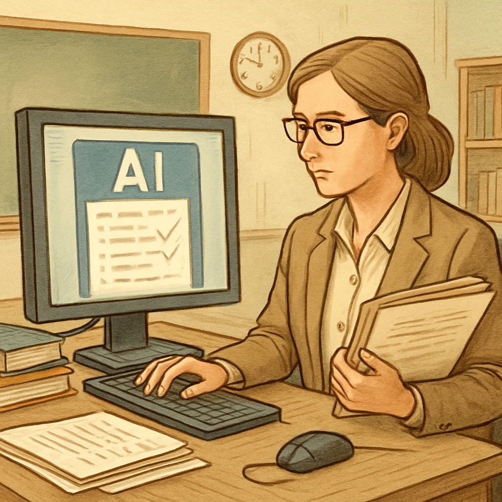 An education professional using AI software to grade assignments, symbolizing the integration of technology in reducing workload. Teacher grading assignments with AI software, improving workload efficiency.