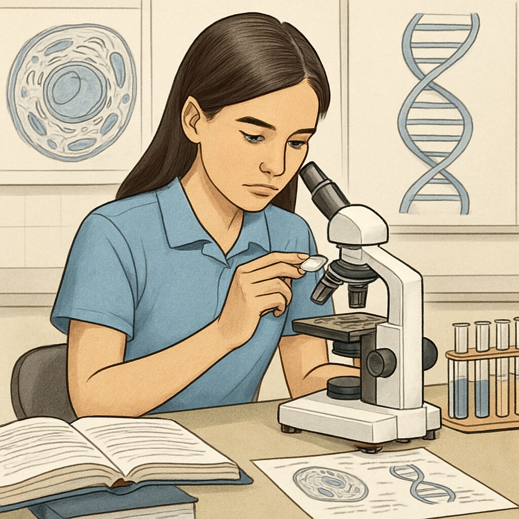 A high school student in a biology lab, examining a microscope slide, symbolizing academic preparation for a nursing career. High school student preparing for nursing career in a biology lab.