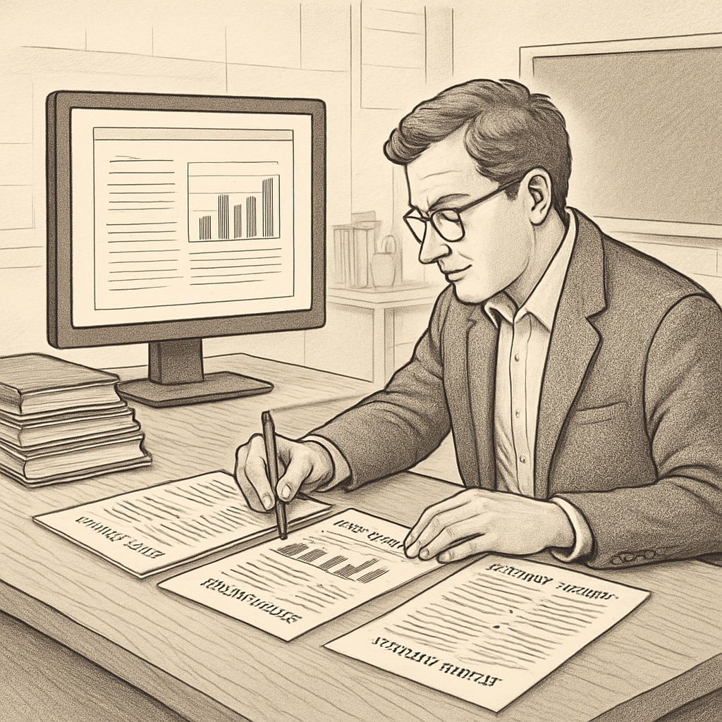 A teacher reviewing AI-generated student reports, highlighting the balance between AI assistance and human oversight. Teacher analyzing AI-generated student data for personalized feedback.
