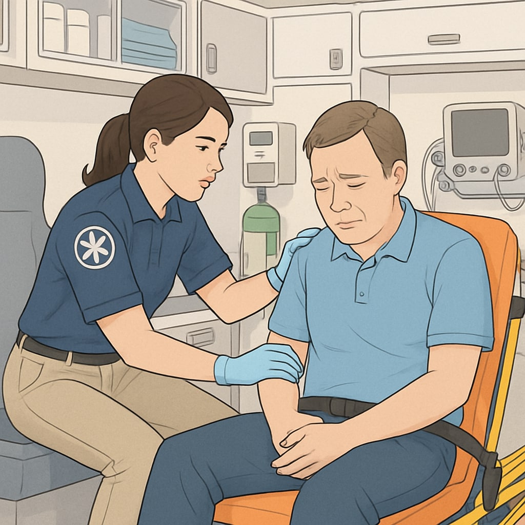 An EMT assisting a patient in an ambulance, showcasing real-world healthcare experience. EMT gaining practical experience in patient care for a future nursing career.