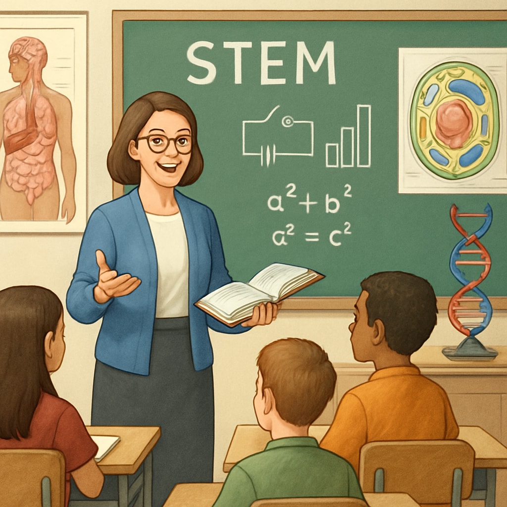 A classroom scene with a teacher explaining STEM concepts to students, representing the biology-to-education transition. STEM education scene highlighting the transition from biology major to education master's.