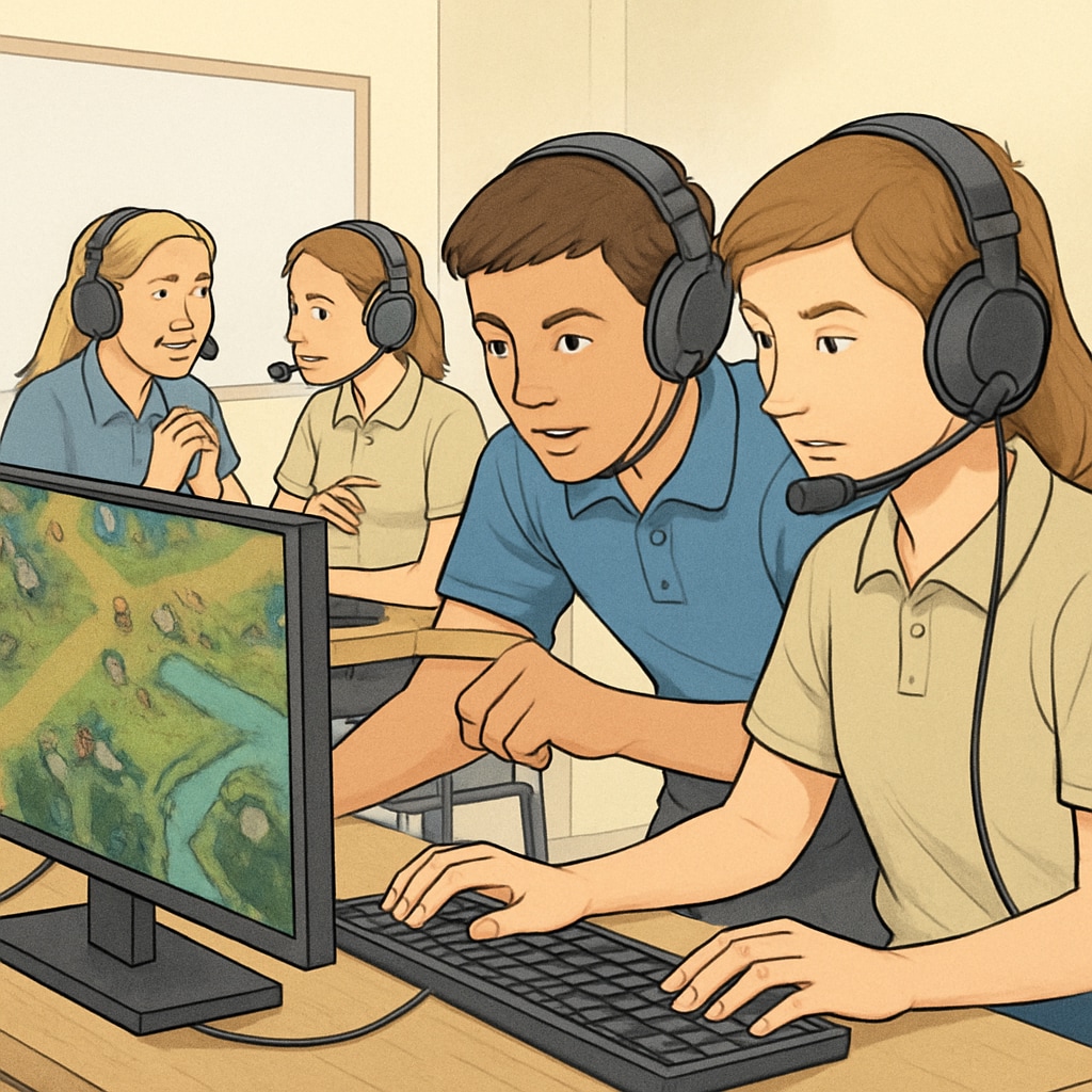 Students collaborating in an esports tournament, demonstrating teamwork and problem-solving skills gained through esports education. Students working together in an esports competition, highlighting skills learned through gaming.