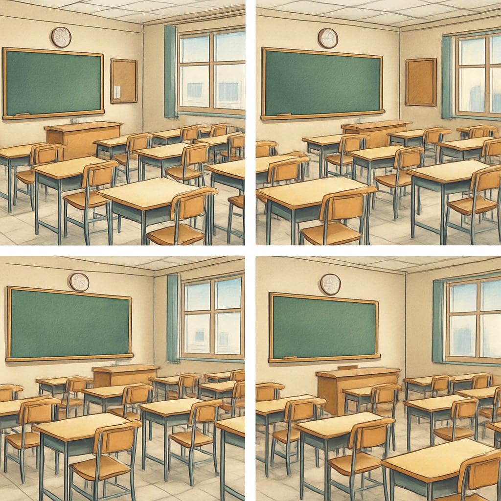A group of empty classrooms symbolizing the absence of teachers during a Teacherless Tuesday protest. Empty classrooms representing the Teacherless Tuesday movement.