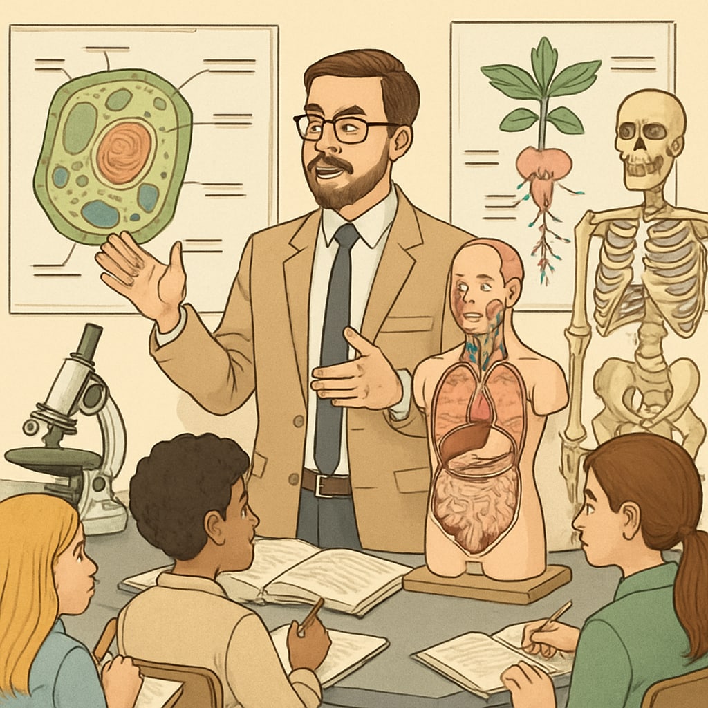 A science educator demonstrating biology concepts in a classroom laboratory setting. Science teacher explaining biology concepts, showcasing interdisciplinary expertise.