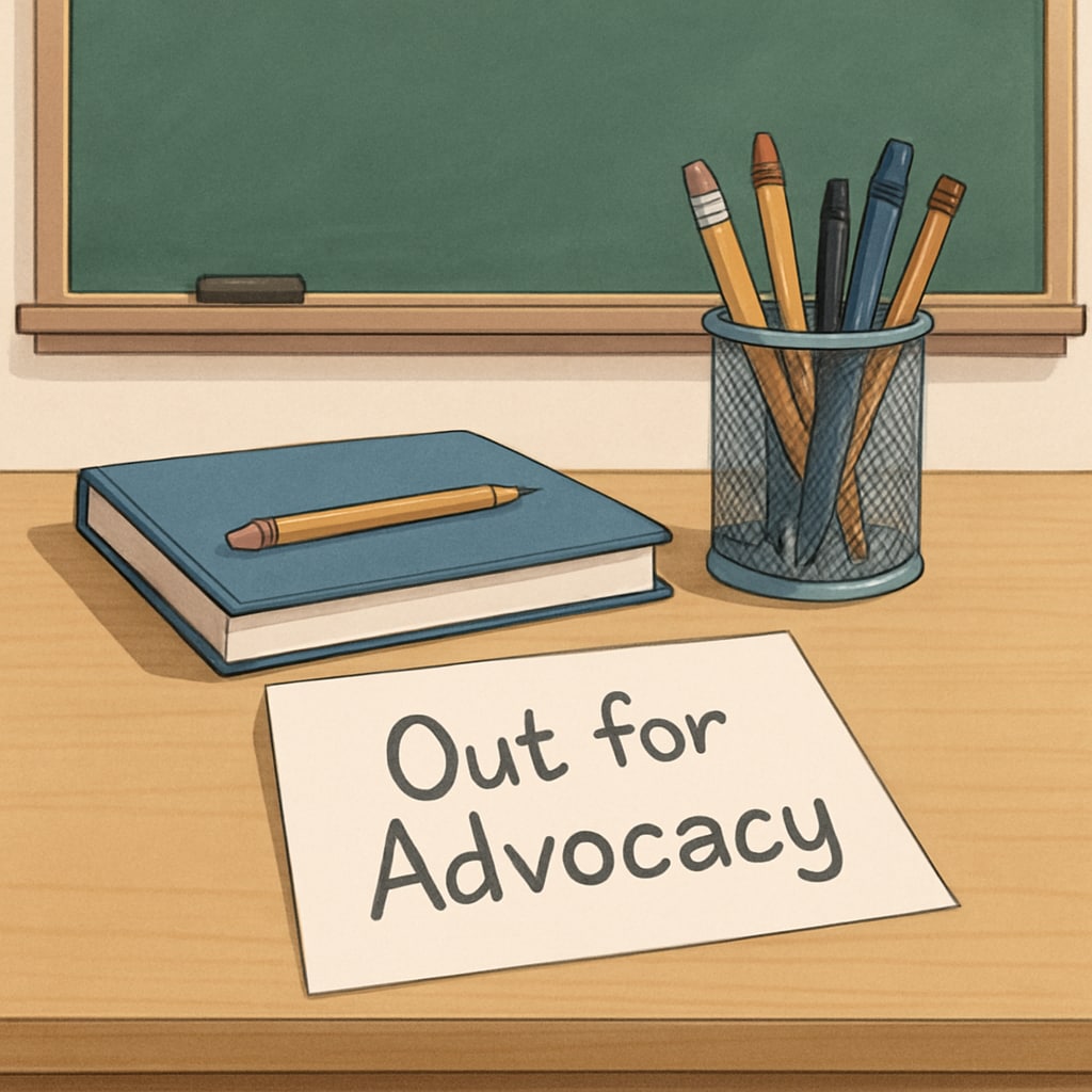 A teacher's empty desk with a note saying Teacher's empty desk with advocacy note for Teacherless Tuesday.