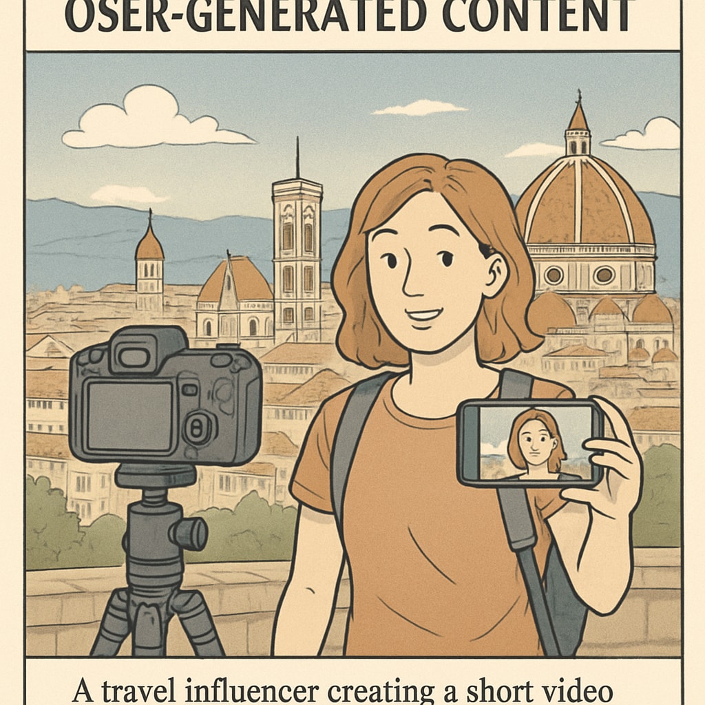 Travel influencer creating tourism short videos at a famous location