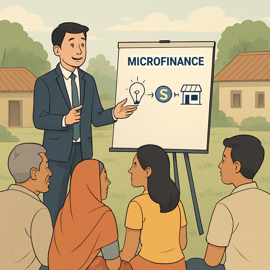 Finance graduate presenting microfinance solutions in a rural community.