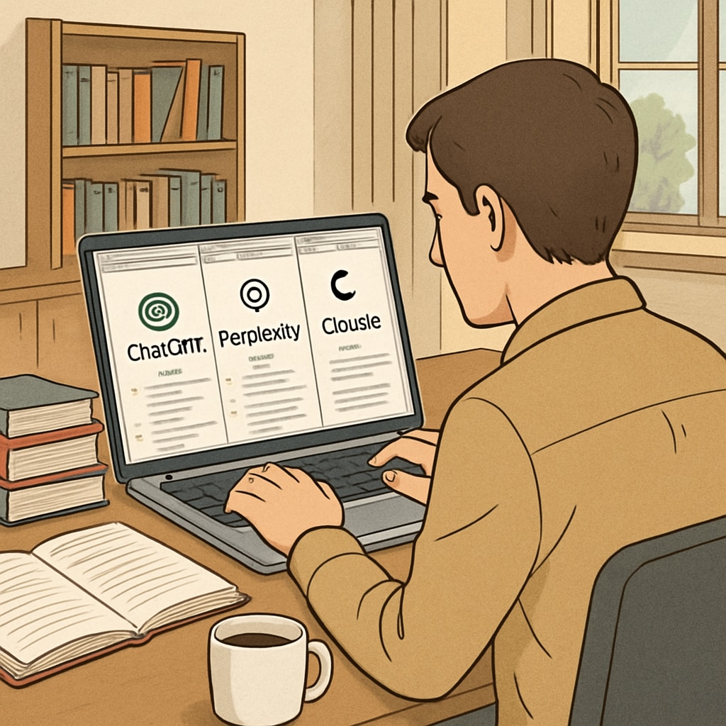 A university student using AI tools like ChatGPT Plus, Perplexity Pro, and Claude Pro on their laptop in a study environment. University student using AI subscription services for academic support.