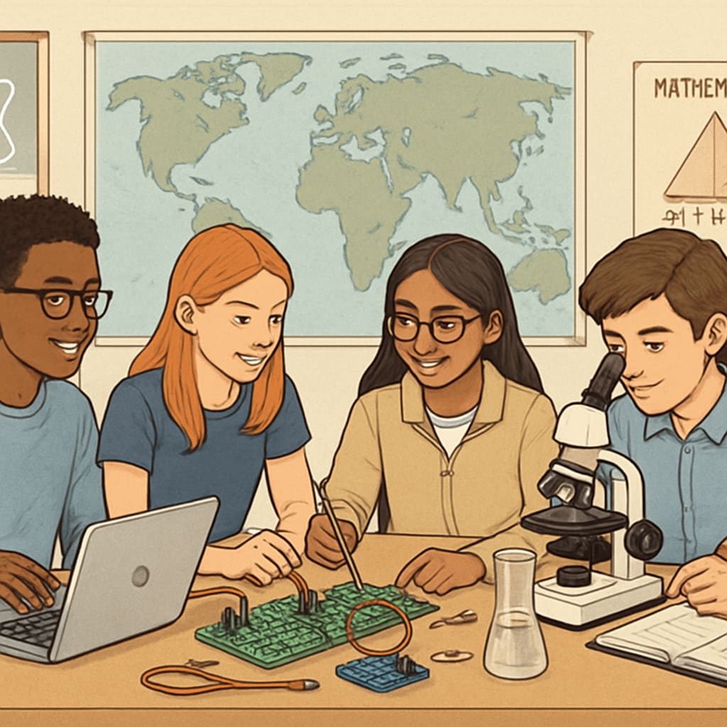 Students collaborating on a STEM project in a classroom, representing global education connections. International students working on STEM projects in a classroom environment, relevant to data science education.
