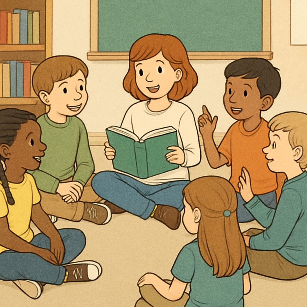 A group of elementary students sitting in a circle, enthusiastically discussing a book. Students in a reading circle, discussing books as part of an interactive reading activity.