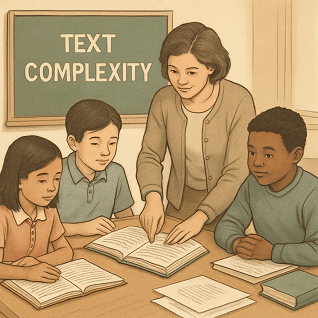 A teacher analyzing a reading passage with her students in a classroom setting, illustrating the concept of text complexity in real-world application. A teacher discussing text complexity with students during a reading session.