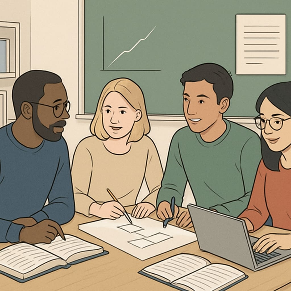 A group of adult students collaborating on a project in a classroom setting. Adult learners balancing career development and higher education in a collaborative environment.