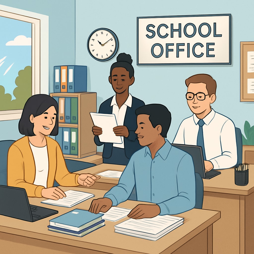 A school office environment with administrative staff working at desks, showcasing the collaborative nature of administrative roles. Administrative staff collaborating in a school office environment.
