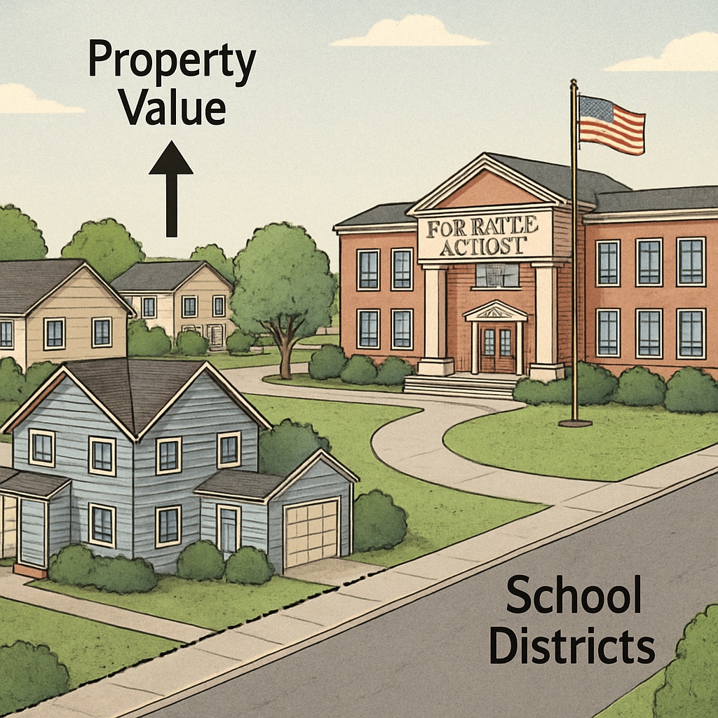 A suburban neighborhood with houses near a top-rated school, illustrating the impact of school districts on property value. Suburban houses in a top-rated school district neighborhood showcasing real estate demand.