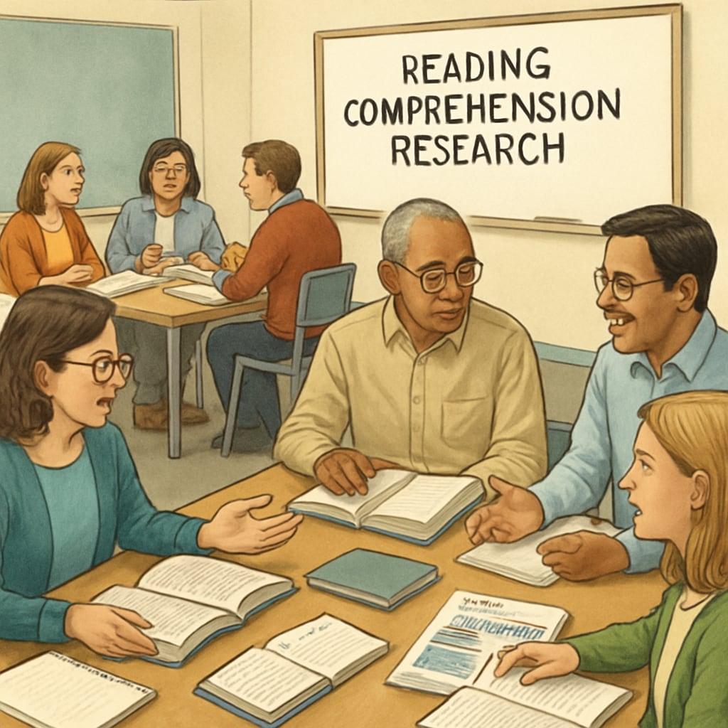 A group of teachers participating in a workshop on reading comprehension research, discussing text complexity in small groups. Teachers collaborating during a workshop on text complexity research.