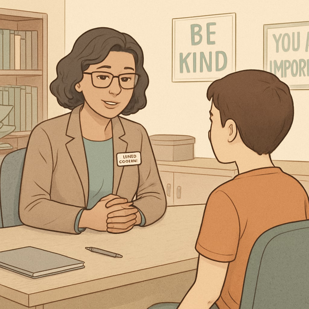 A school counselor meeting with a student in a calming office setting, emphasizing the supportive and student-focused nature of the role. School counselor supporting a student in a calming office environment.