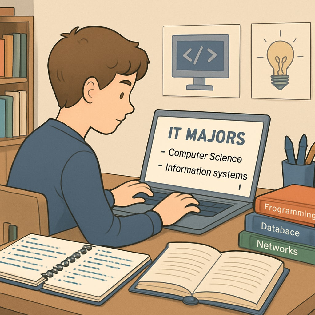 A young student researching IT majors on a laptop, surrounded by books and coding notes. Student researching IT major options and career paths.
