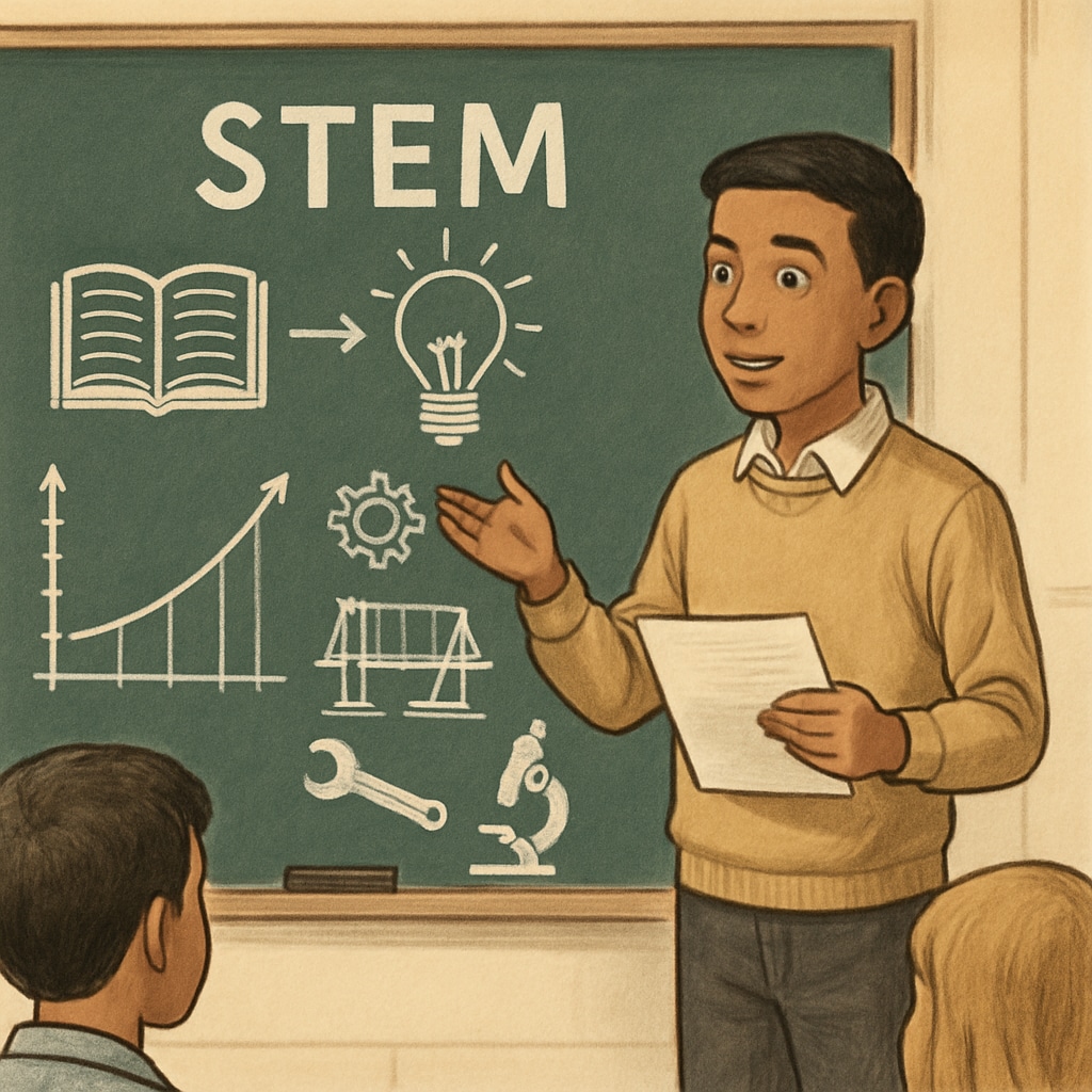 A student giving a STEM-focused presentation, linking concepts from both education and engineering fields. Student presenting STEM concepts that intertwine education and engineering