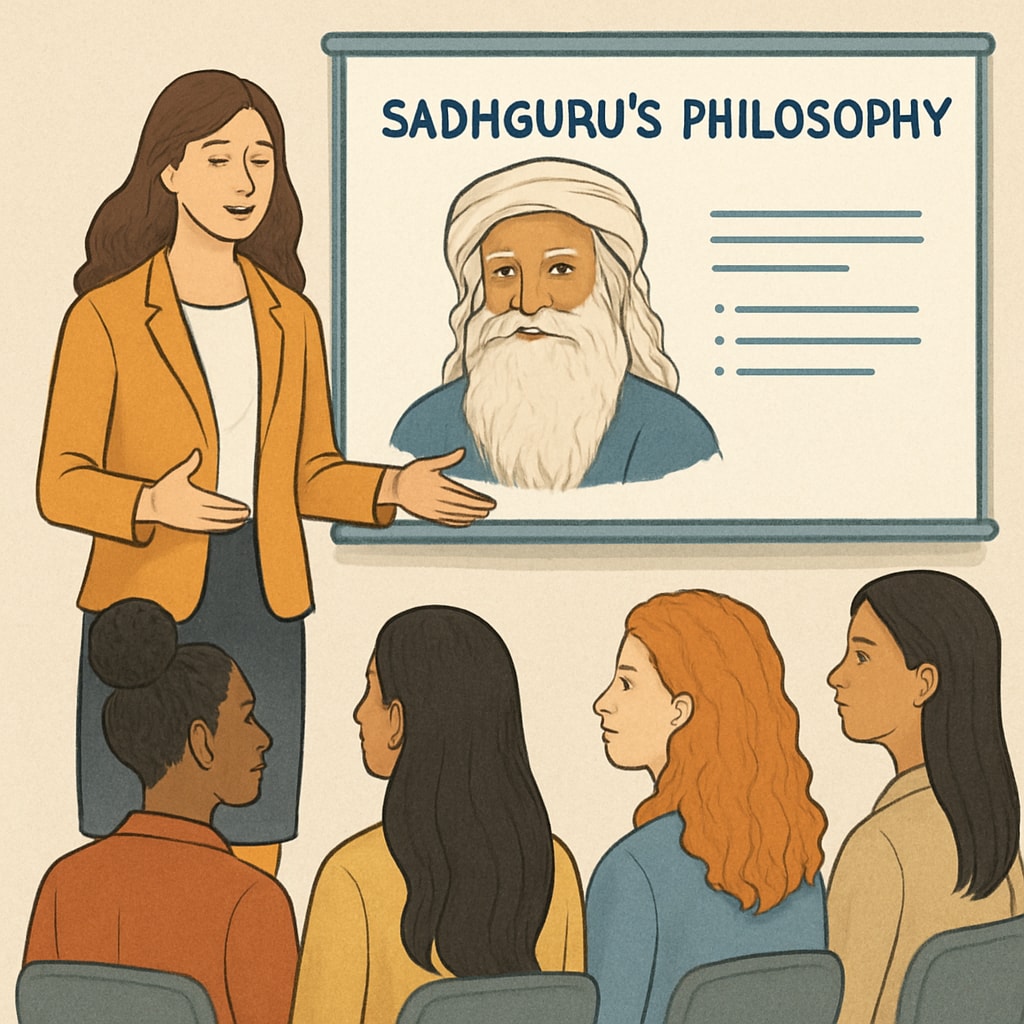 A professional woman speaking to a group of diverse female entrepreneurs about Sadhguru's philosophy. A discussion about Sadhguru’s teachings with women entrepreneurs.