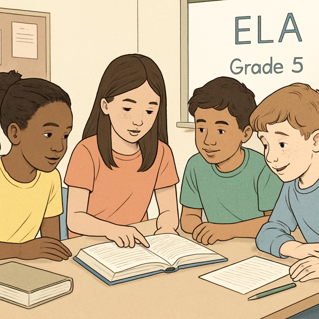A diverse group of fifth-grade students engaged in a collaborative reading activity, showcasing a balanced ELA classroom. Fifth-grade students in a collaborative reading session, highlighting ELA teaching methods.
