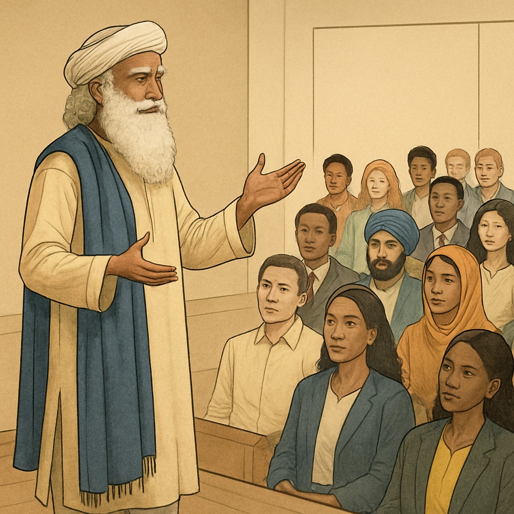 A visual representation of Sadhguru speaking to an international audience, emphasizing cross-cultural themes. Sadhguru addressing a global audience on cultural and spiritual topics.